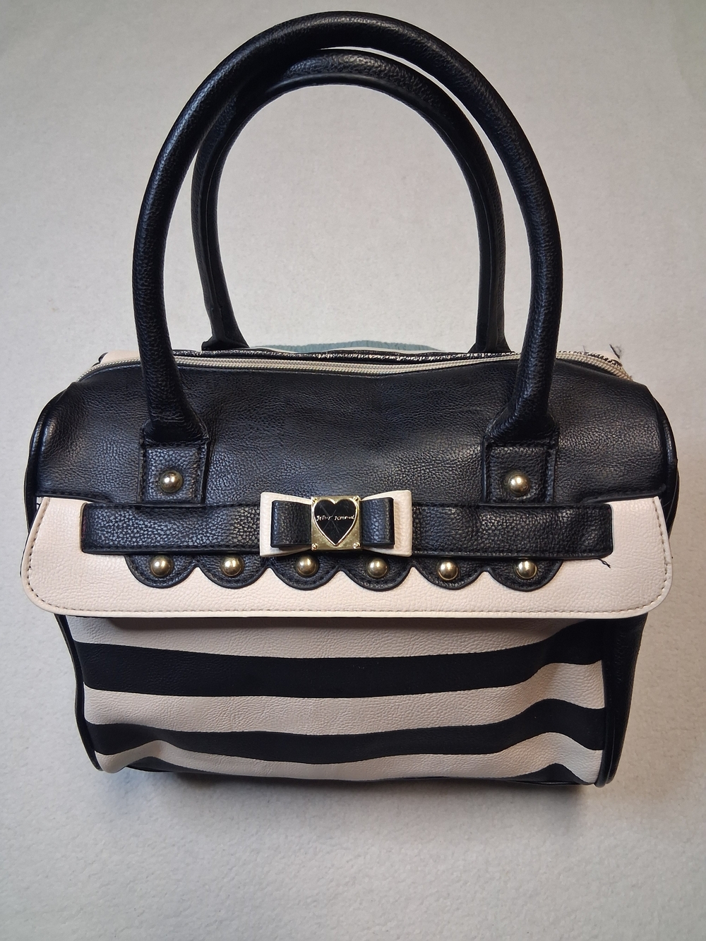 Betsey Johnson Black and Cream Striped Top-Handle Satchel with Bow Accent - Picture 5 of 13
